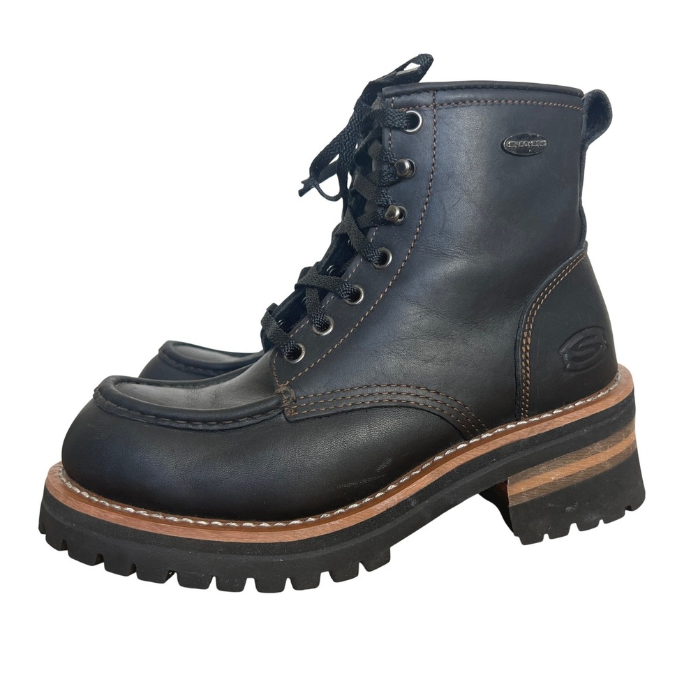Vintage Y2K 2000 Skechers Black Leather Chunky Platform Lug Sole Steel Toe Boots